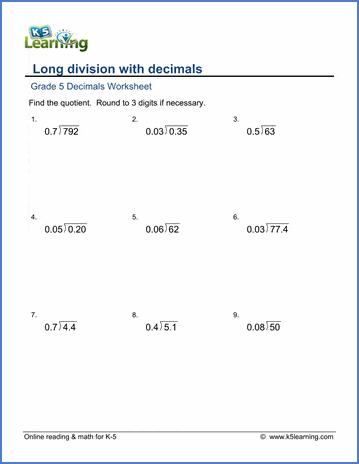 grade 5 math worksheet decimal long division k5 learning - grade 5 math worksheets decimal multiplication 1 2 digits k5 learning