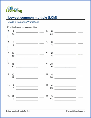 Grade 5 Factoring Worksheets Lowest Common Multiple Lcm K5 Learning