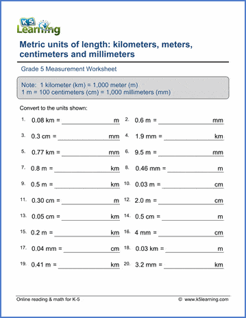 Grade 5 Math Worksheets: Convert metric lengths with ...