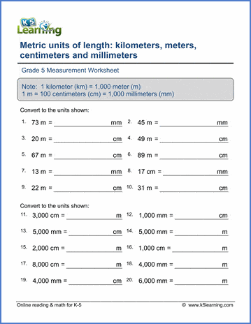 grade 5 math worksheets convert metric lengths mm cm m km k5 learning