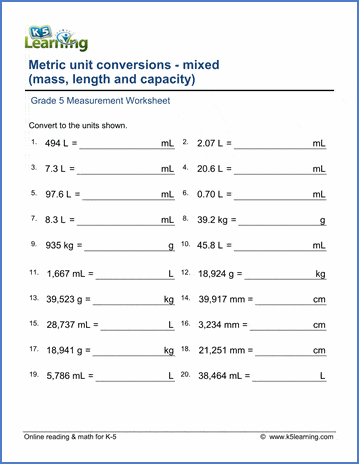 Grade 5 math worksheet - Measurement: convert mixed metric units | K5 ...