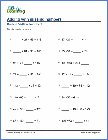 grade 5 addition worksheets missing addend problems k5 learning