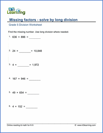 grade 5 long division worksheets missing factor problems k5 learning