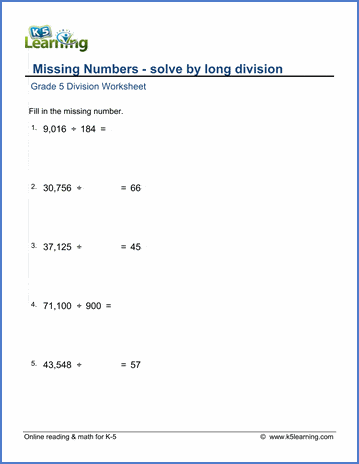 grade 5 long division worksheet missing dividend or divisor problems