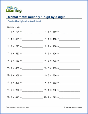 grade 5 math worksheets multiply in parts 1 by 3 digit