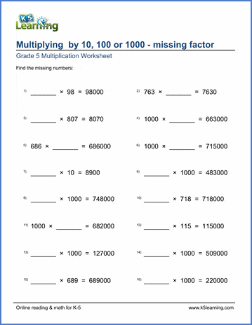 grade 5 worksheets multiplying by 10 100 or 1 000 missing factors k5 learning