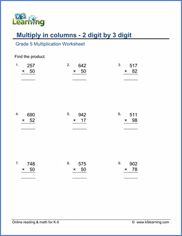 grade 5 math worksheets multiplication in columns 3 by 2