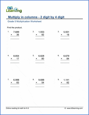 grade 5 math worksheets multiplication in columns 4 by 2 digit k5 learning