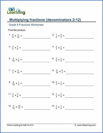 Grade 5 Math Worksheets: Multiplying fractions (denominators 2-12) | K5