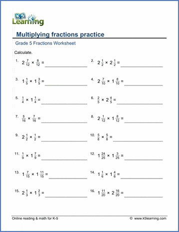 Grade 5 Math Worksheets: Multiplying fractions practice | K5 Learning