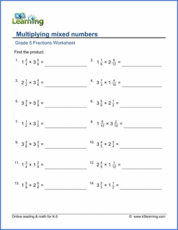 grade 5 fractions worksheets multiplying mixed numbers k5 learning