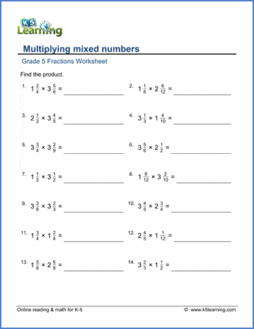 Grade 5 Fractions Worksheets Multiplying Mixed Numbers K5 Learning