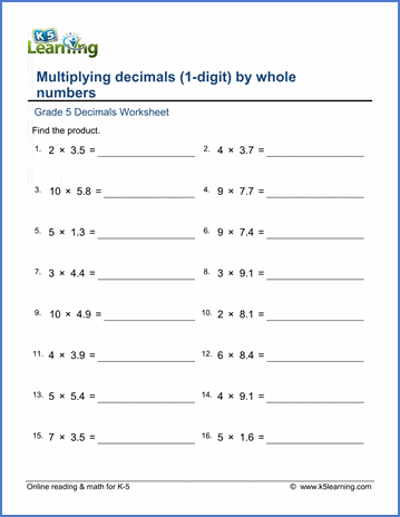 Grade 5 Math Worksheet Multiplying Decimals By Whole Numbers K5 Learning