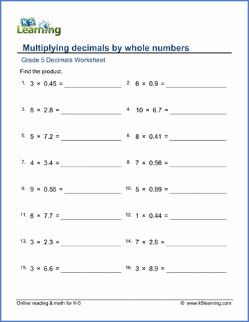 Grade 5 Decimal Worksheet: Multiply 2 digit decimals by whole numbers