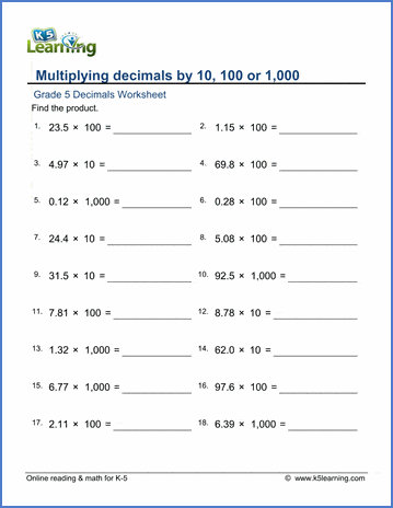 grade 5 math worksheets multiplying decimals by 10 100 or 1000 k5