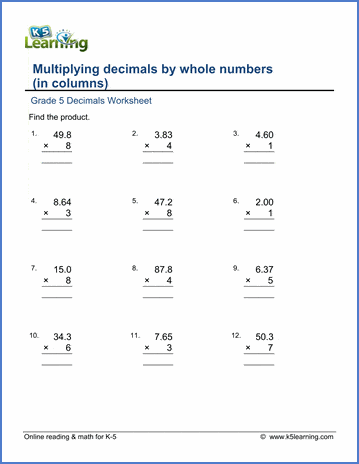 Grade 5 Math Worksheet: Multiply decimals by whole numbers (columns