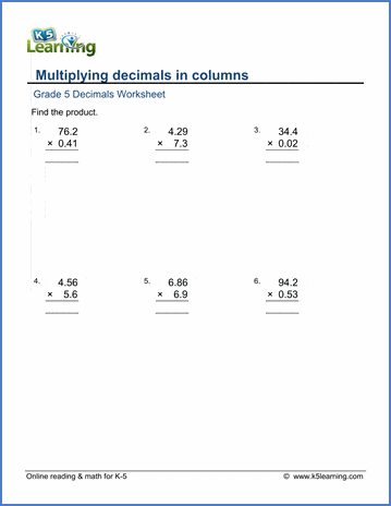 grade 5 decimals worksheet multiplying decimals in