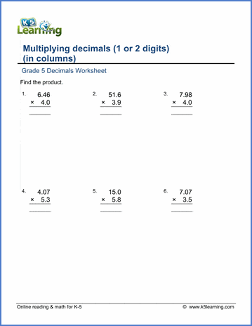 grade 5 math worksheets multiplying decimals in columns k5 learning