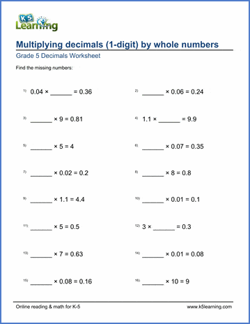 grade 5 math worksheet: multiply whole numbers and 1-digit decimals ...