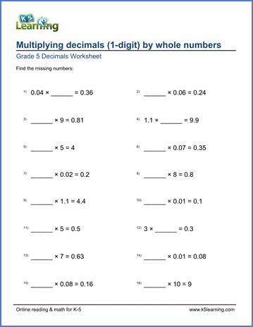 grade 5 math worksheets decimal multiplication missing factors k5 learning