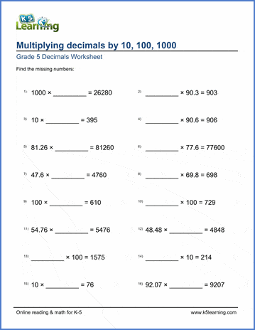 Worksheet Multiply Decimals By 10 100 Or 1 000 Missing Factors K5 Learning