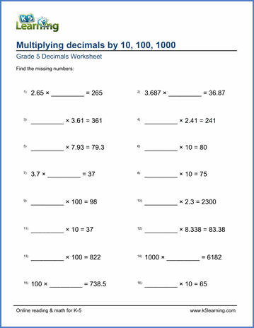 Multiply 3 Digit Decimals By 10 100 Or 1 000 Missing Factors K5 Learning