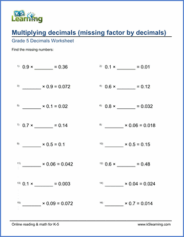 grade 5 math worksheet multiplying decimals with missing