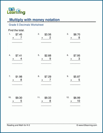 multiply decimals with money notation k5 learning