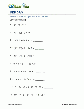 Grade 5 PEMDAS worksheets