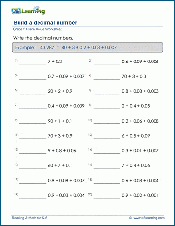 Grade 5 Place Value Worksheets: Build a 5-digit decimal number | K5