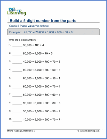 Grade 5 Place Value Worksheets: Build A 5-Digit Number From Parts | K5 Learning