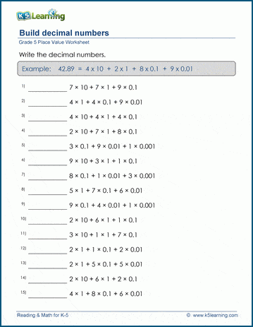 grade 5 worksheets build a 6 digit decimal number from parts k5 learning