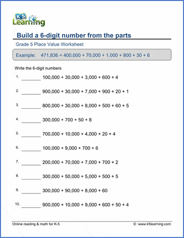 grade 5 place value worksheets build a 6 digit number from parts k5