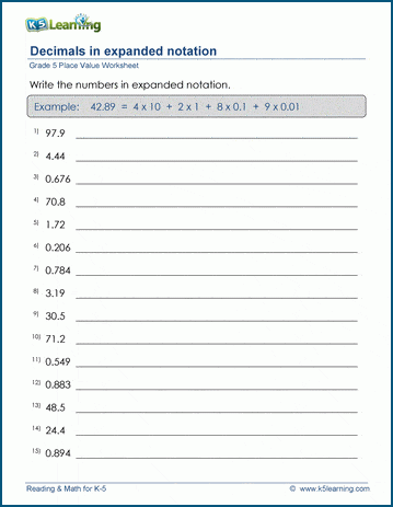 Decimal numbers in expanded notation worksheets | K5 Learning