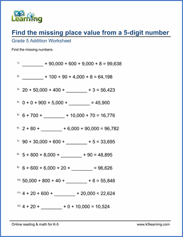 grade 5 math worksheets fill in the missing place values 5 digits k5 learning