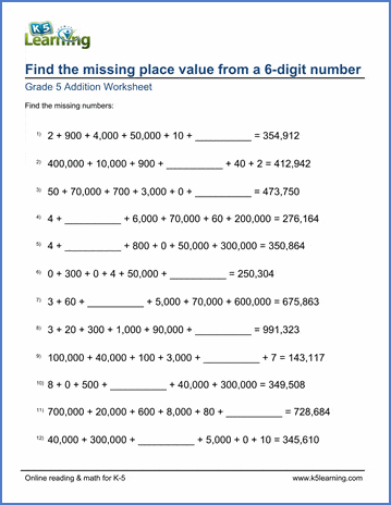 grade 5 math worksheets fill in the missing place values 6 digits k5 learning