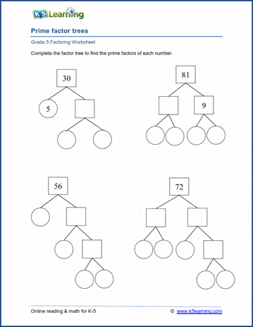 grade 5 factoring worksheet prime factor trees k5 learning