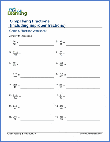 grade 5 math worksheets simplifying fractions improper fractions k5 learning