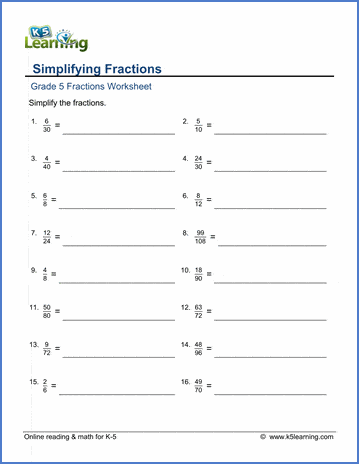 Grade 5 Fractions Worksheets Simplifying Fractions K5 Learning