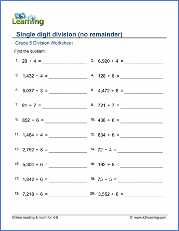 grade 5 math worksheets single digit division k5 learning