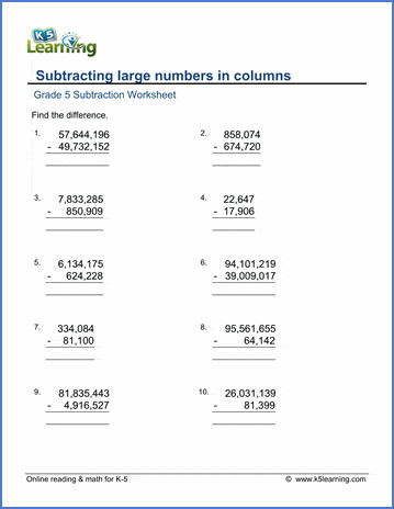 Subtracting large numbers worksheets | K5 Learning