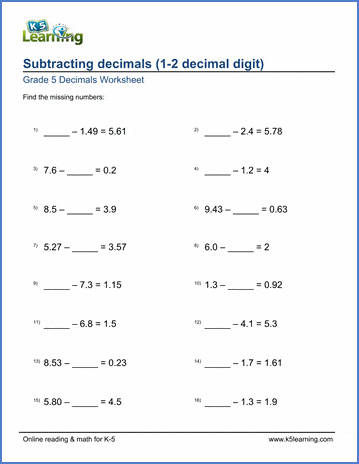 grade 5 math worksheets subtracting decimals missing numbers k5 learning