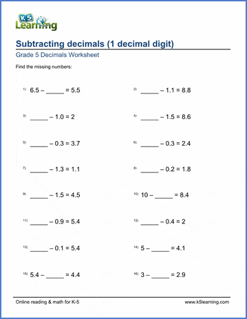 grade 5 math worksheet subtract 1 digit decimals missing numbers