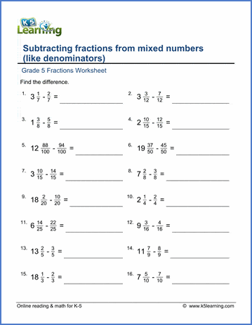 Grade 5 Math Worksheets: Subtracting Fractions From Mixed Numbers | K5 Learning