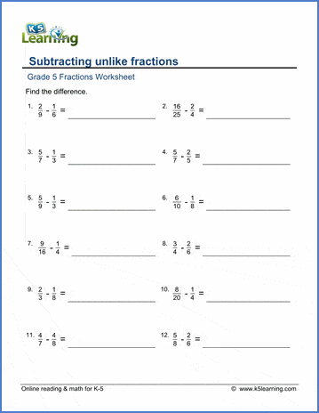 grade 5 fractions worksheet subtracting unlike fractions