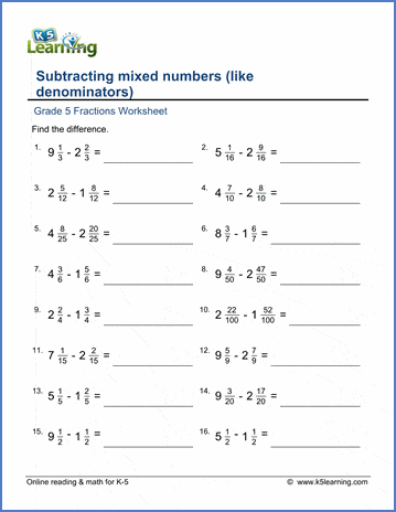 grade 5 math worksheet subtracting mixed numbers like denominators k5 learning