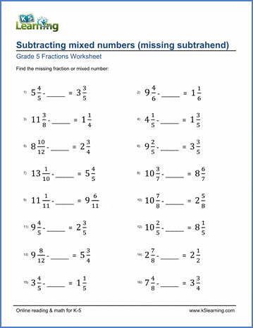 Grade 5 math worksheet: subtracting mixed numbers with missing numbers ...