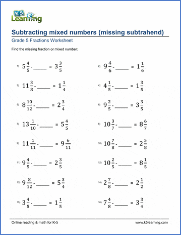 Grade 5 Math Worksheet: Subtracting mixed numbers (missing numbers