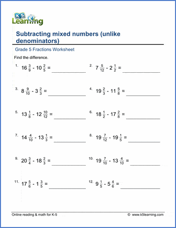 grade 5 math worksheet fractions subtract mixed numbers unlike