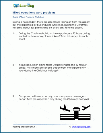 4 Operations Mixed Word Problem Worksheets For Grade 5 K5 Learning - keywords for math word problems pdf
